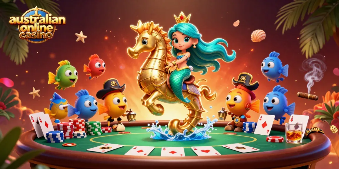 Game the australian online casino with a vibrant 3D scene of a mermaid princess and poker elements.