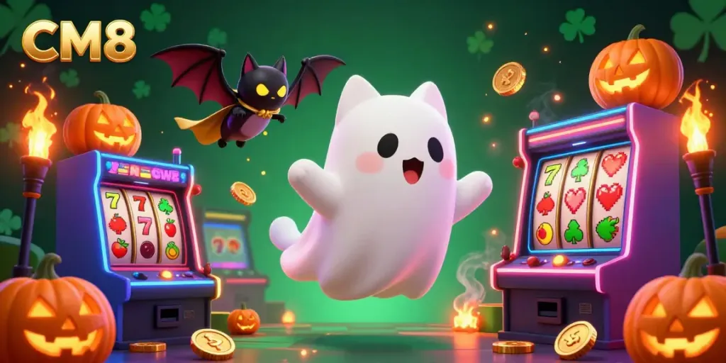 Join the excitement at CM8 with vibrant casino games and glowing symbols surrounding the friendly ghost cat.