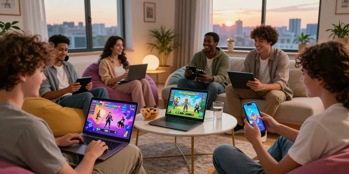 Engaging players exploring gay porn games on multiple devices in a cozy gaming setting.
