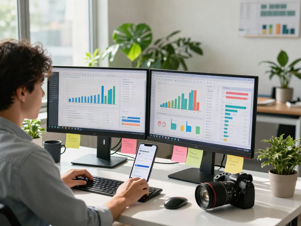 Engaged professional analyzing digital marketing metrics for rokok88 daftar in a vibrant workspace.