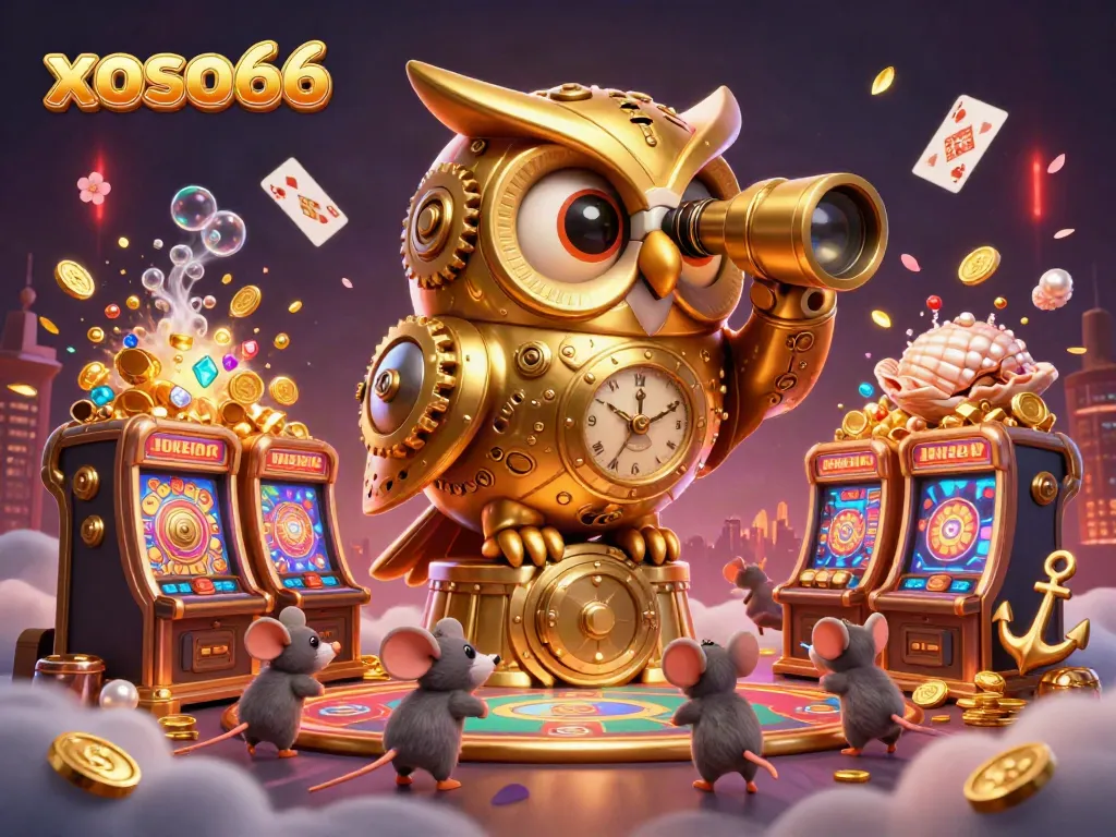 Experience xoso66 with a 3D golden owl overseeing vibrant casino action and unique game elements.