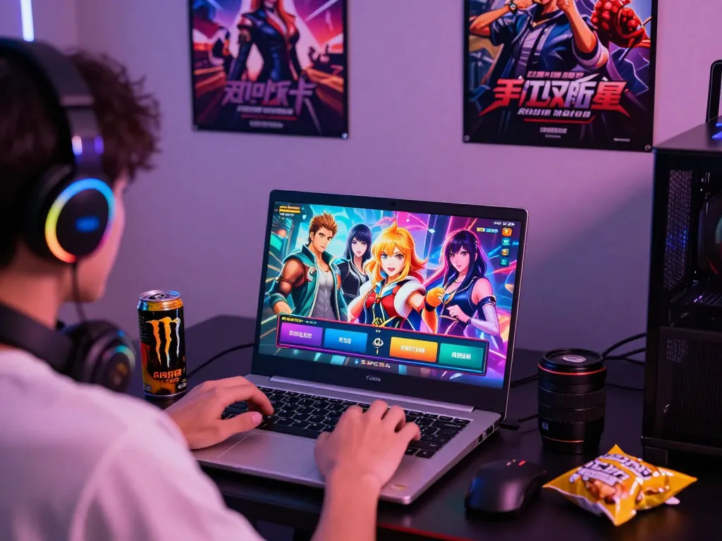 Gamer enjoying a porno game on a laptop with vibrant graphics and cozy gaming setup.