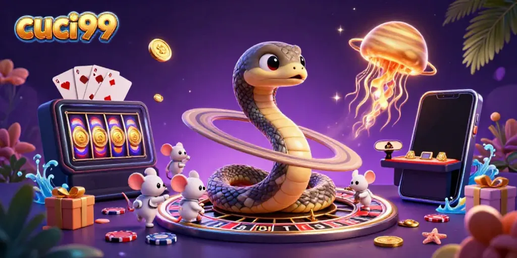 Experience the thrill of cuci99 with a cosmic casino scene featuring a Saturn ring snake and astronaut mice.