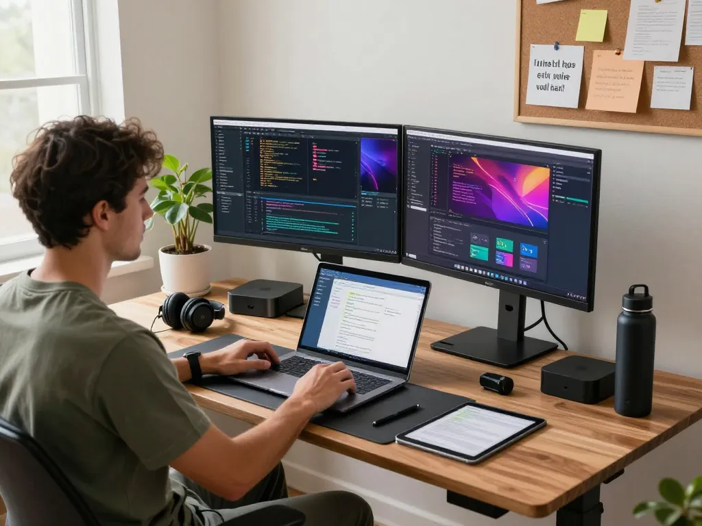 Developer using a Mac mini in a modern home office, showcasing innovative workspace.