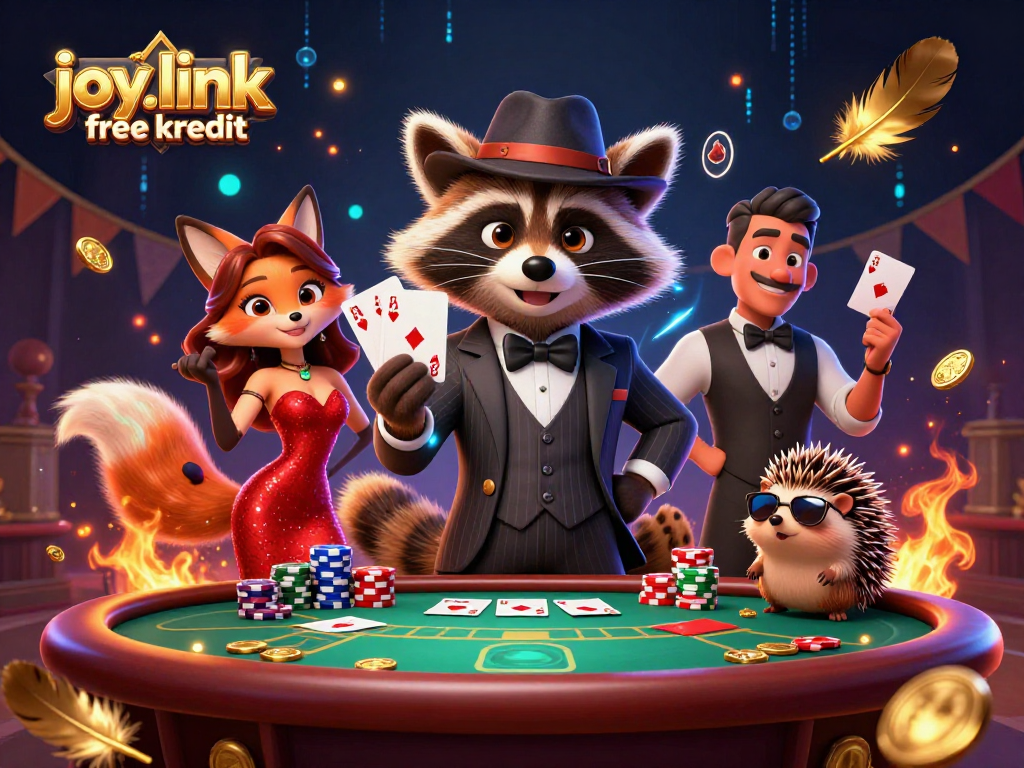 Experience the excitement of joy.link free kredit with a poker scene featuring charming characters in a dynamic casino atmosphere.