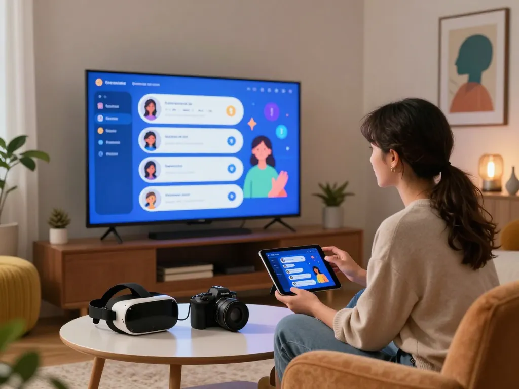 User interacting with an AI chat NSFW platform in a cozy living room, combining technology with a warm atmosphere.