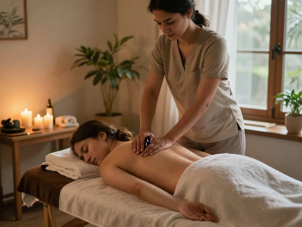 강동구출장안마 in a tranquil massage therapy room with calming ambiance and professional therapist.