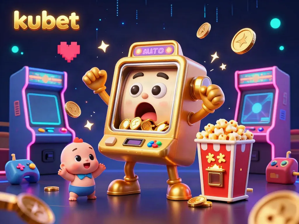 Engaging kubet casino scene showcasing a golden slot machine hitting a jackpot with cheering baby machines.