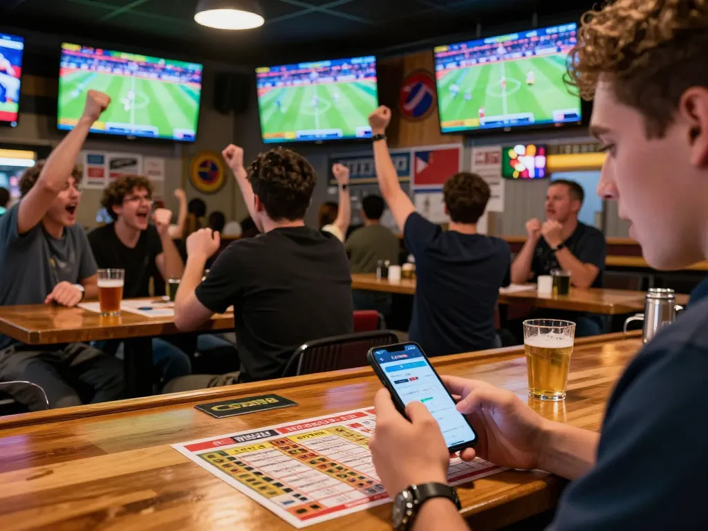 Engaged sports bettor checking CM88 app amidst lively bar atmosphere.