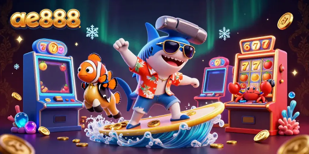 Experience excitement with ae888 in a vibrant, energetic casino scene featuring playful marine characters.