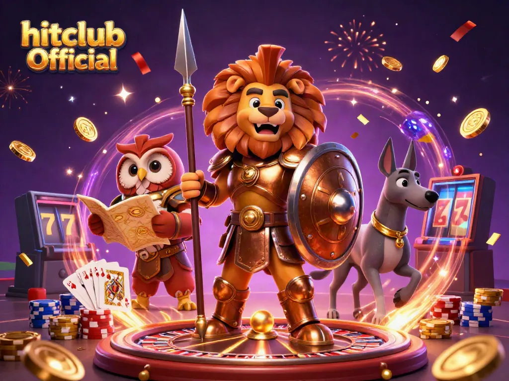 Experience the thrill of gaming with hitclub Official's vibrant casino scene featuring a heroic lion, owl strategist, and swift greyhound.