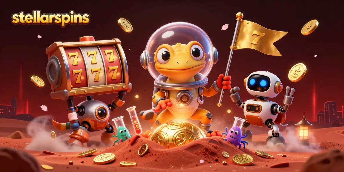 Engage with stellarspins at a Martian casino filled with vibrant slot reels and gold.