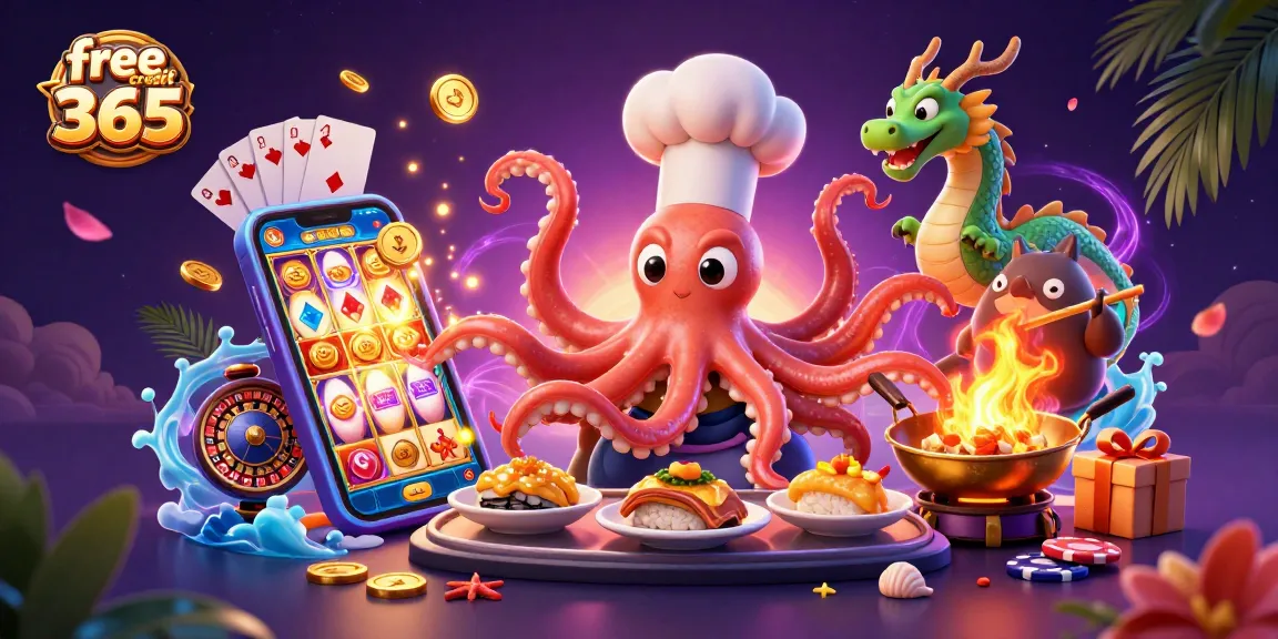 Spin and win with free credit 365 in a vibrant 3D casino scene filled with festive elements.