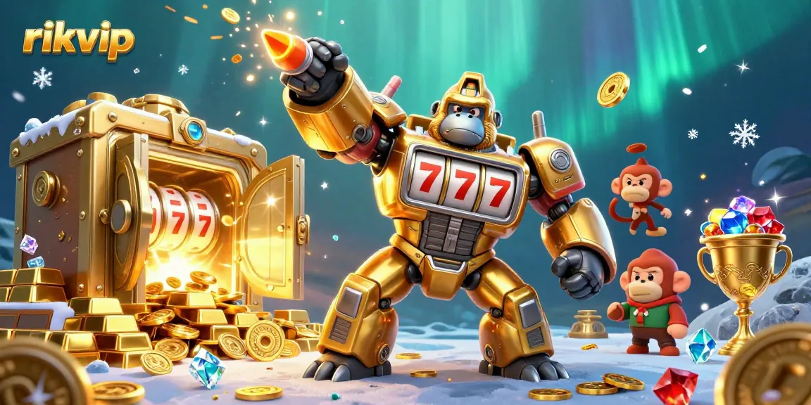 Engage in thrilling gameplay at rikvip with dynamic golden gorilla mech and impressive treasure elements.